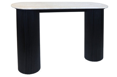 Cream Polished Travertine Top Console Table with Ridged Black Acacia Wood Cylindrical Legs, Walton