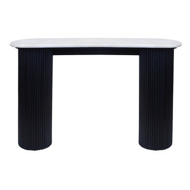 Cream Polished Travertine Top Console Table with Ridged Black Acacia Wood Cylindrical Legs, Walton