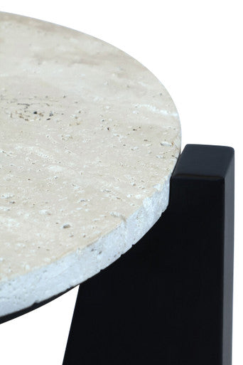 Cream Travertine Top Side Table with Black Acacia Wood Geometric Frame, Walton
