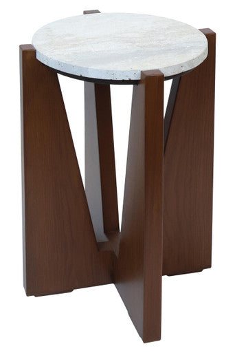Cream Travertine Top Side Table with Brown Acacia Wood Geometric Frame, Walton