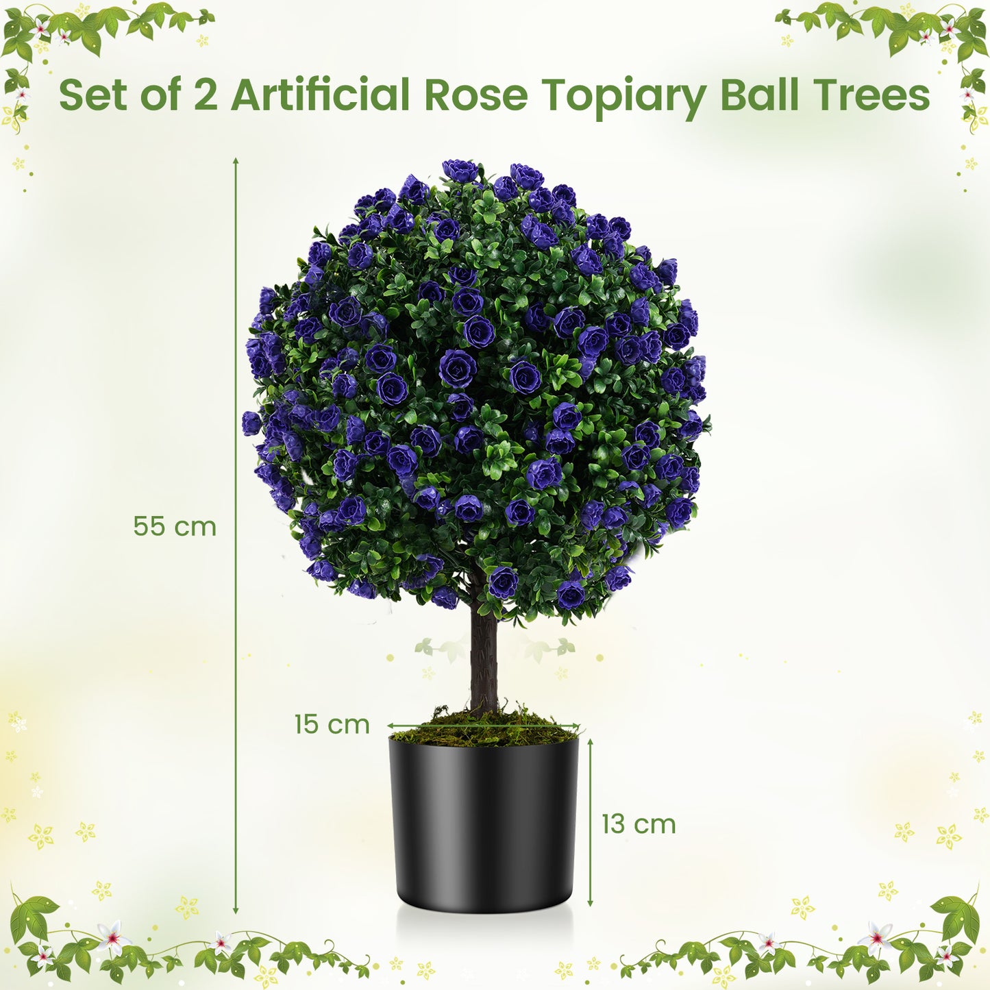 Set of 2 Artificial Purple Rose Topiary Ball Trees 55cm Faux Boxwood Ball Tree-Purple