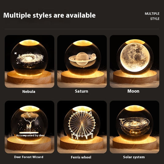 3D Crystal Ball Night Light - USB Powered Projection Lamp with Wooden Base | Moon, Ferris Wheel & Forest Designs