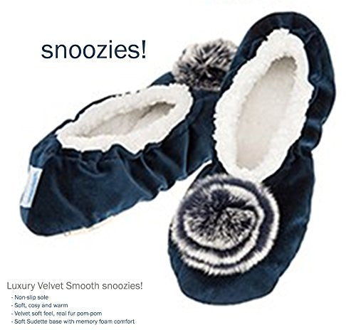 Deep Navy Velvet Pom-Pom Snoozies Ballet Slippers - LadiesMEDIUM UK 5-6