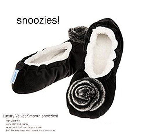 Luxury Black Velvet Real Fur Pom-Pom Snoozies Slippers - Ladies (SMALL UK 3-4)