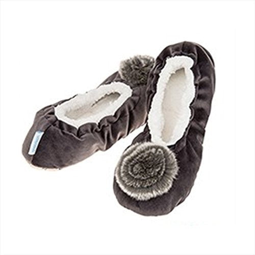 Luxury Deep Grey Velvet Real Fur effect Pom-Pom Snoozies Ballet Slippers - Ladies UK Sizes 3 to 7 (MEDIUM UK 5-6)