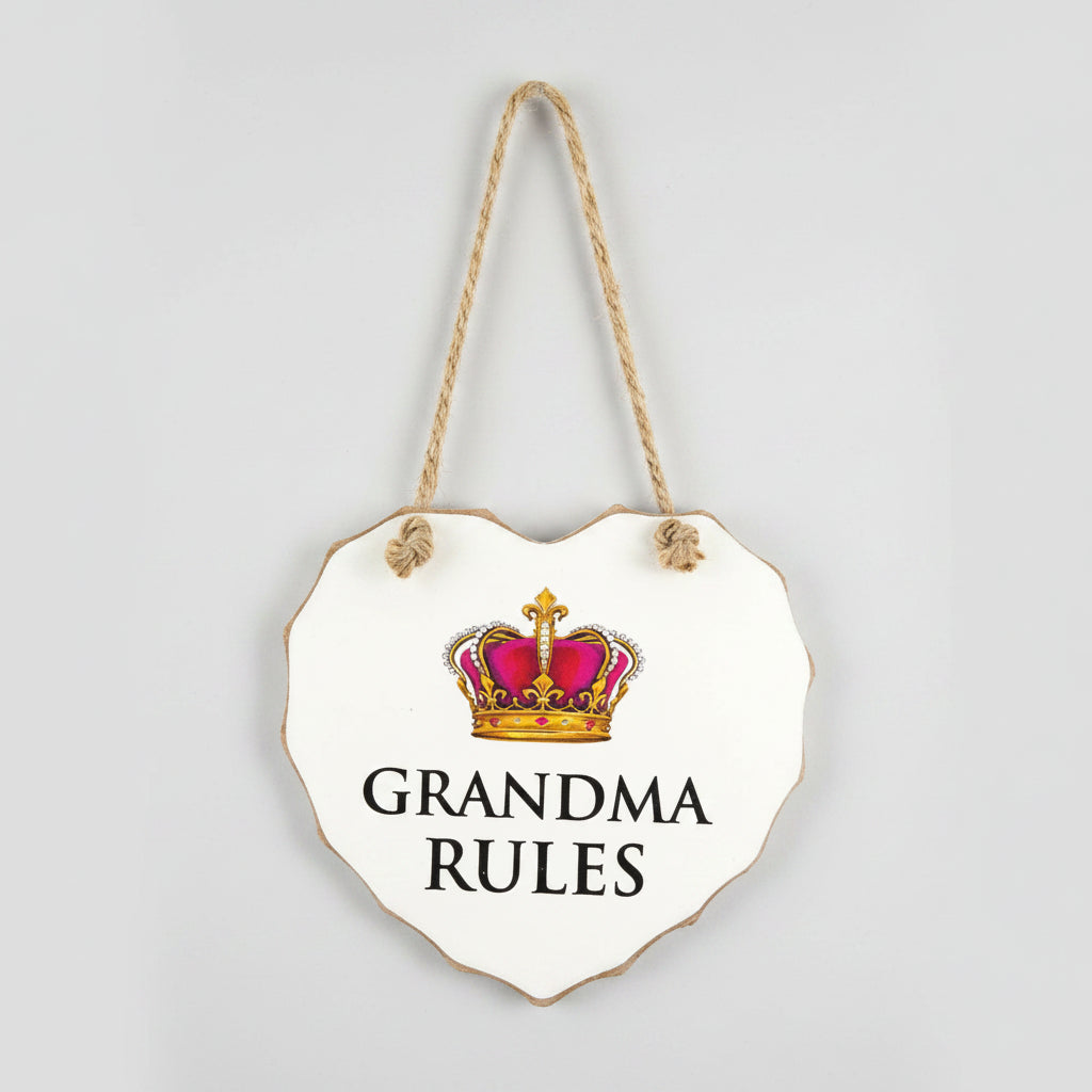 White "Grandma Rules" Love Heart Shaped Sentimental Hanging Plaque