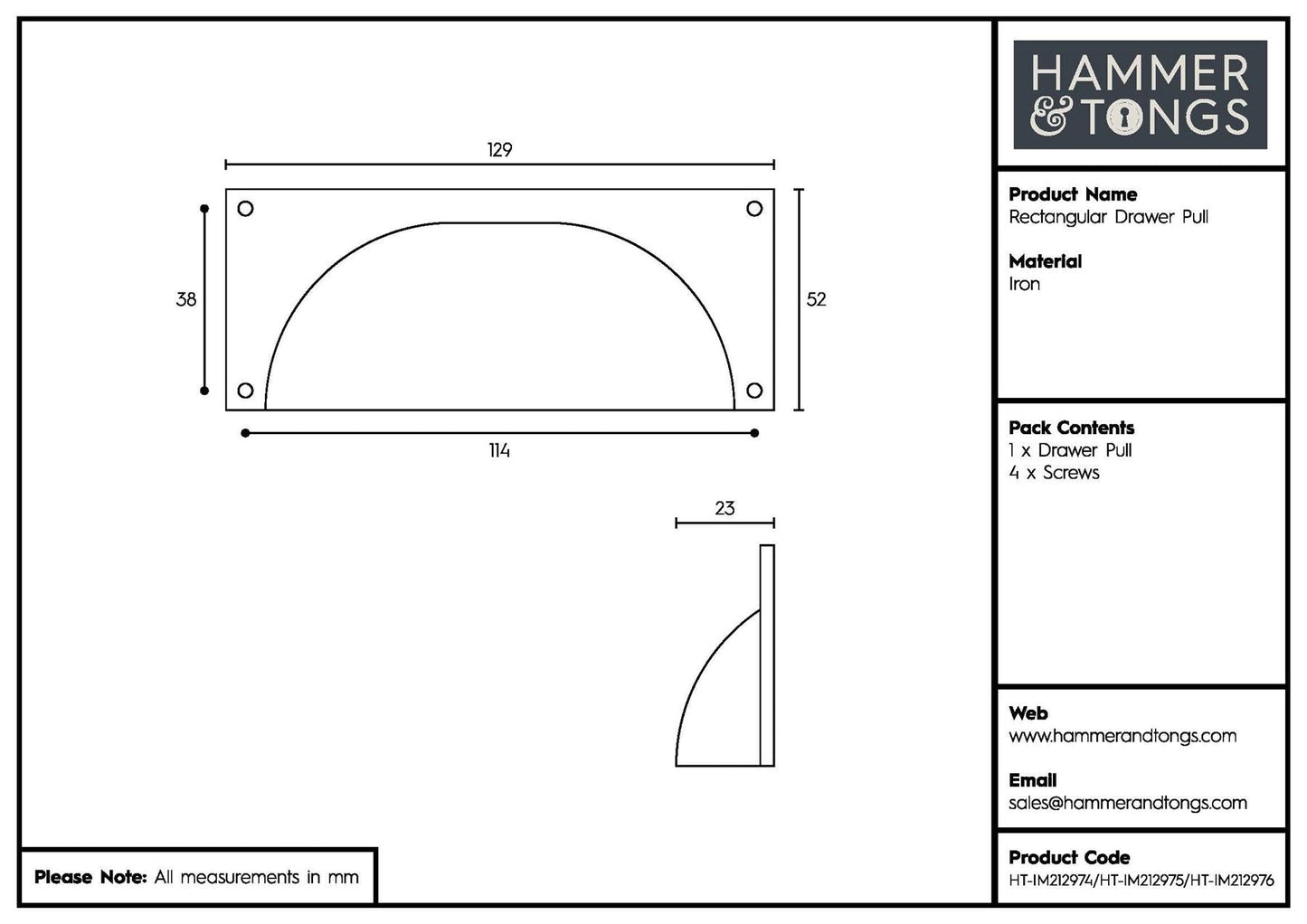 130mm x 50mm Rectangular Cabinet Cup Handle