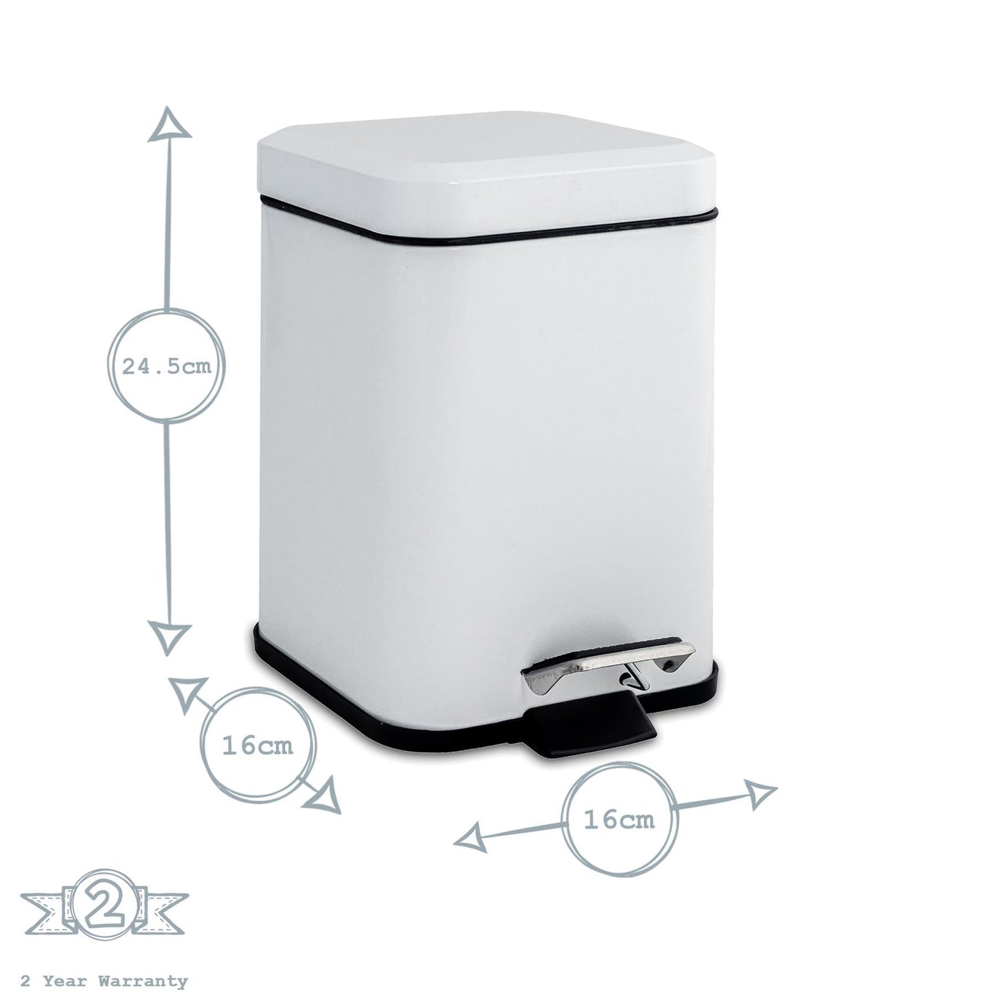 3L White Square Bathroom Pedal Bin