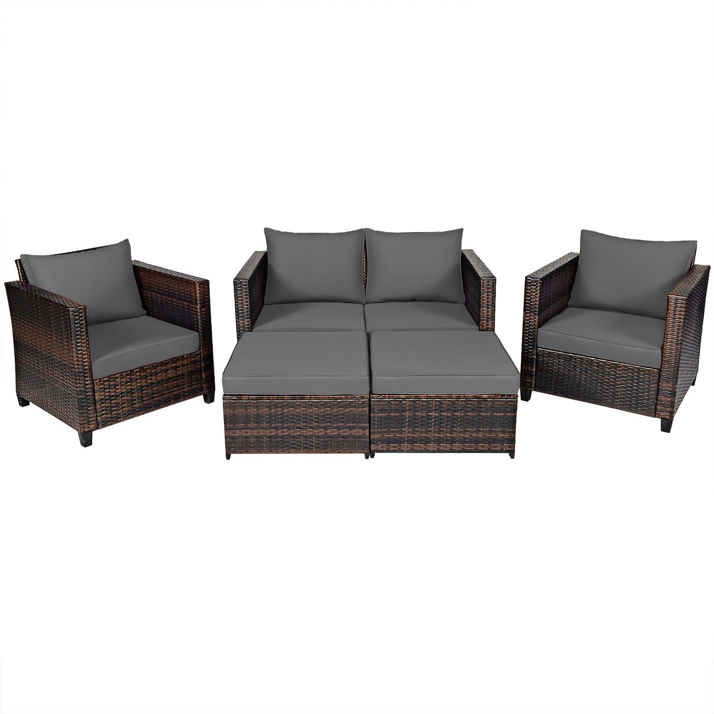 5 Pieces Outdoor Rattan Patio Furniture Set with Removable Cushions-Grey