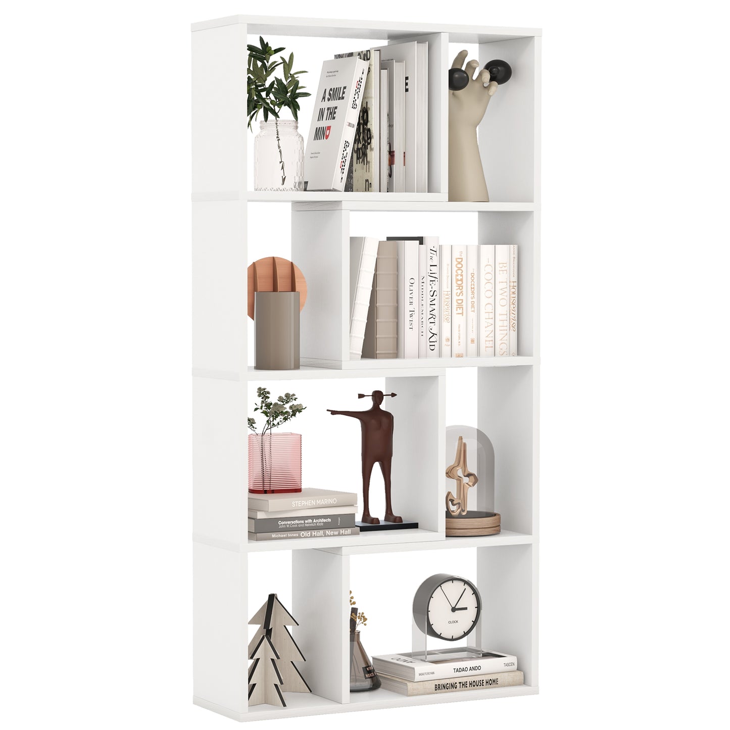 5-Tier Geometric Bookshelf with 8 Cubes Floor Standing Open Display-Brown