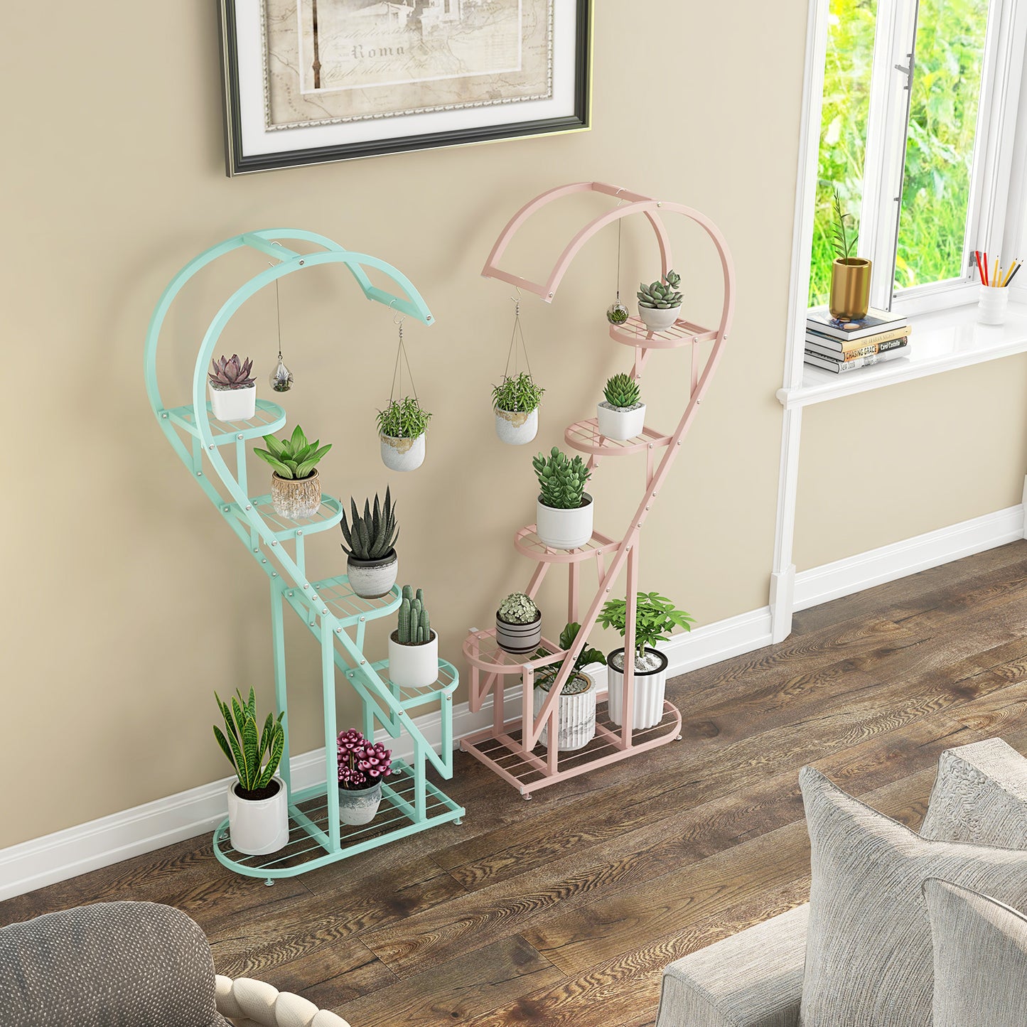 5-Tier Metal Heart-shaped Plant Stand with Hanging Hooks-White