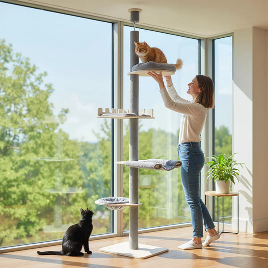 236-271 cm Height Adjustable 5-tier Floor to Ceiling Cat Tree -Grey