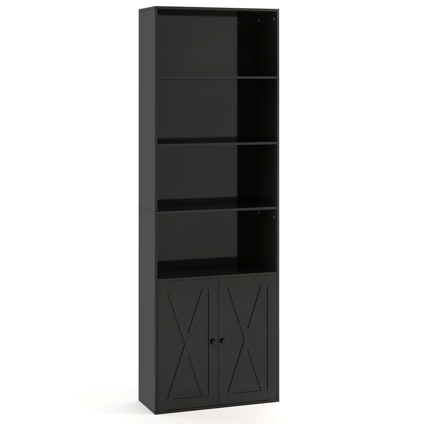 6-Tier Freestanding Bookcase with Farmhouse Style Cabinet Doors-White