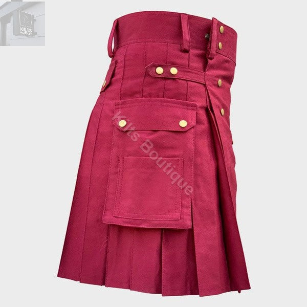 Maroon Fashion Utility Scottish Hybrid Kilt For Men