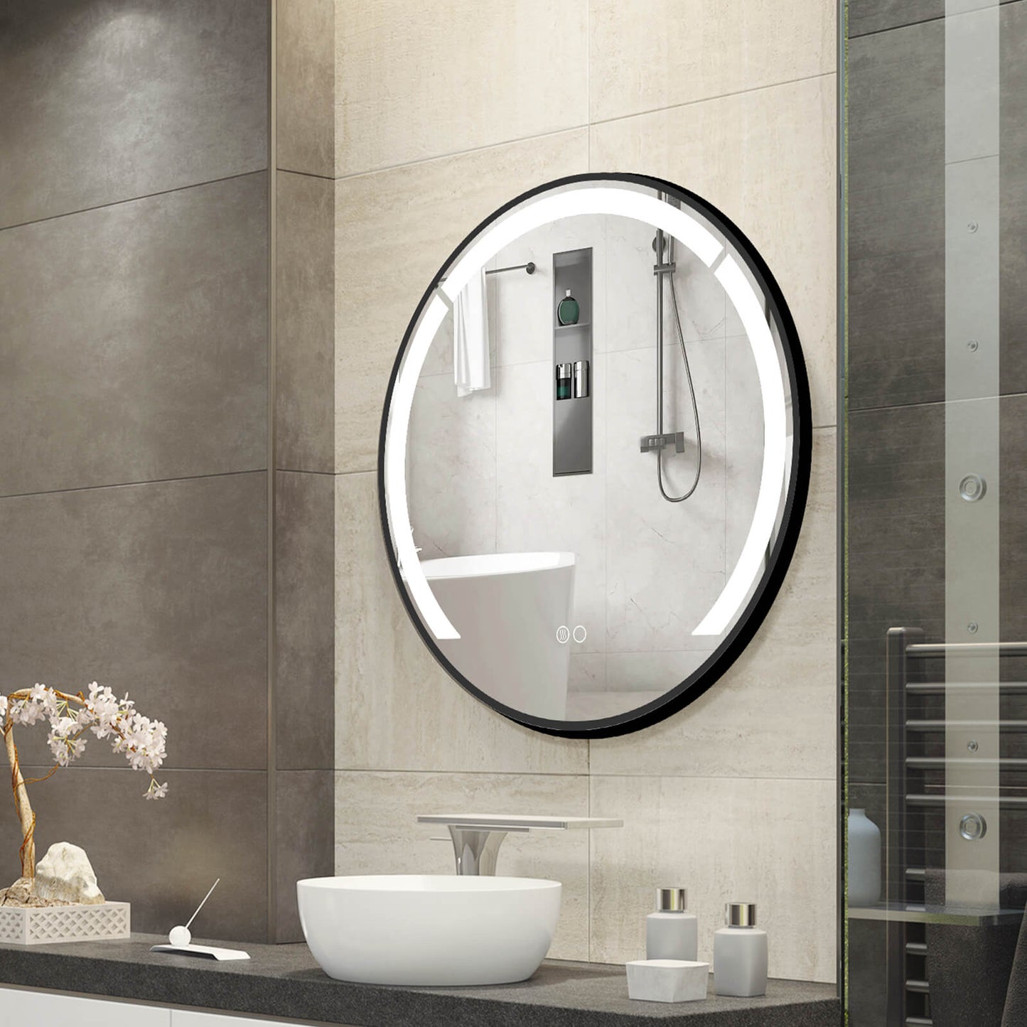 60 cm Round LED Bathroom Mirror with 3 Light Colors-Black