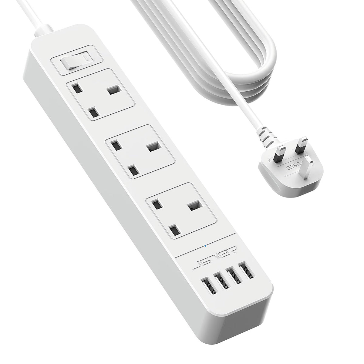 JSVER Extension Lead USB,Power Socket with 3 Way 4 USB Charging Station Power Strip 3250W 13A with 5M Power Cord for Home and Office-White