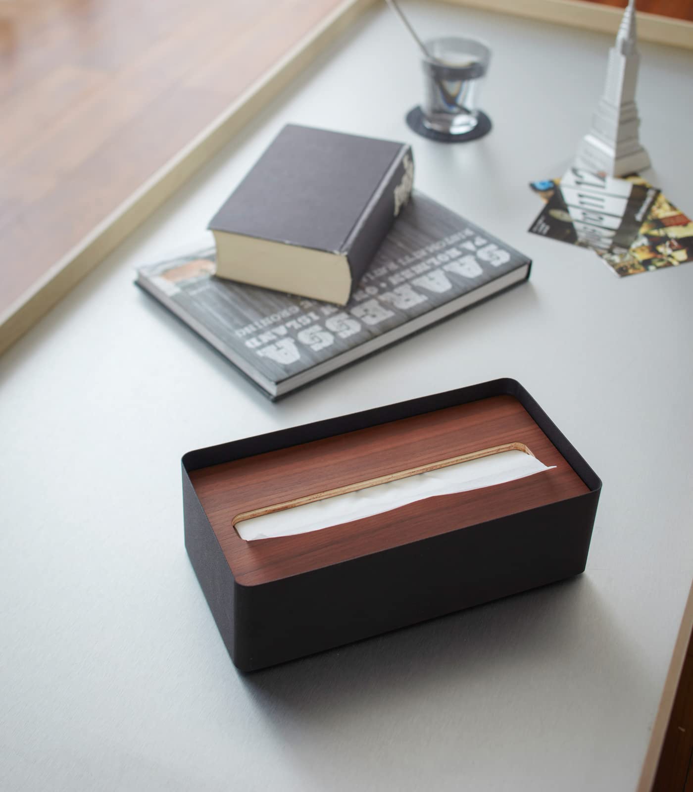 Yamazaki 7729 RIN Tissue Box Case with Lid, black, Wood/Steel, Minimalist, 26 x 13 x 8.2 cm