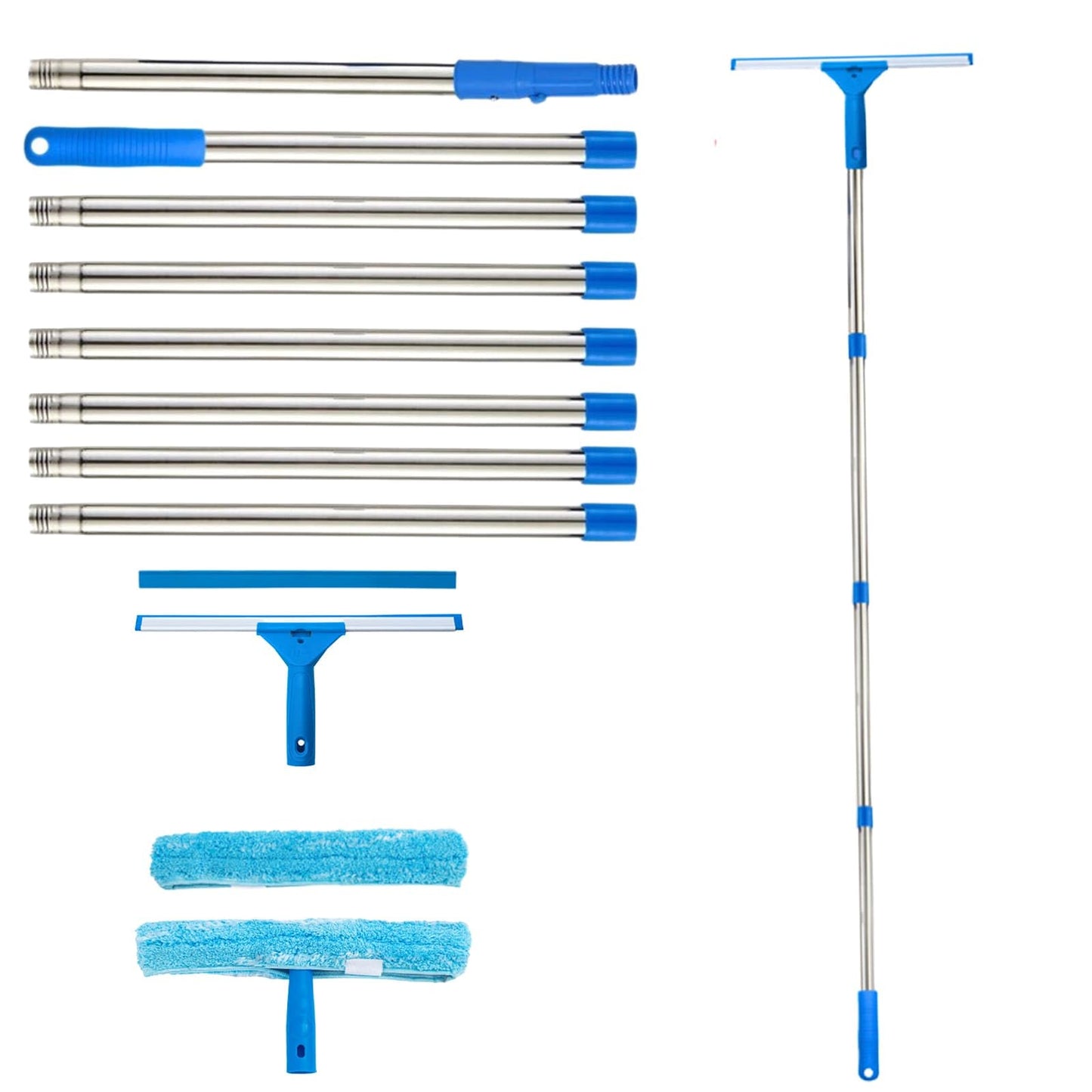 Window Cleaner with Long-Handled Rod 2.8m, Long Handle Glass Scraper Cleaning Tool Kit with Replaceable Cloth and Scraper, Expandable Window Cleaning