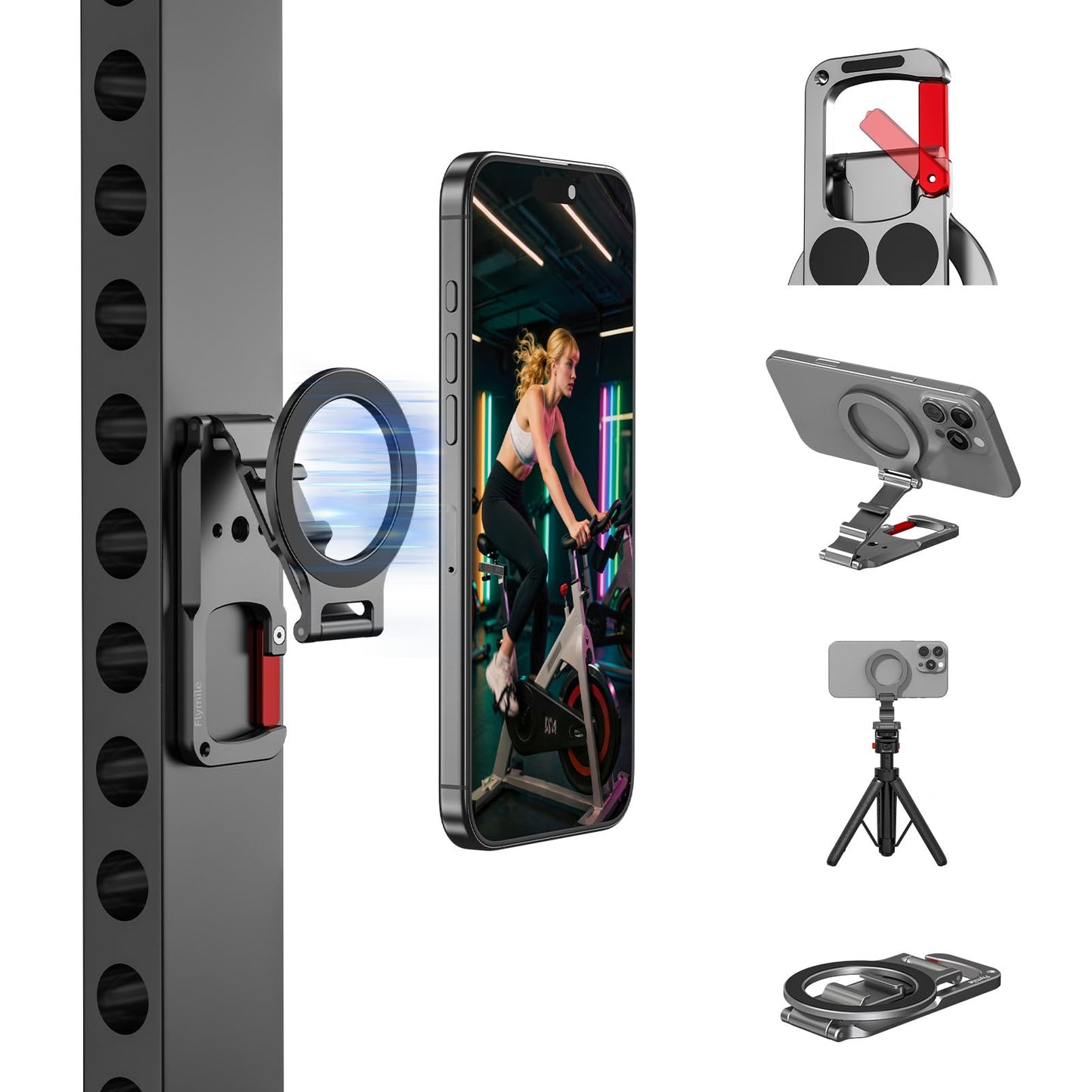 BRDRC Magnetic Phone Mount for MagSafe, Maglock Tripod Adapter Magnet Golf Gym Workout Stand Metal Carabiner Holder with 1/4 Screw Hole, for iPhone 16