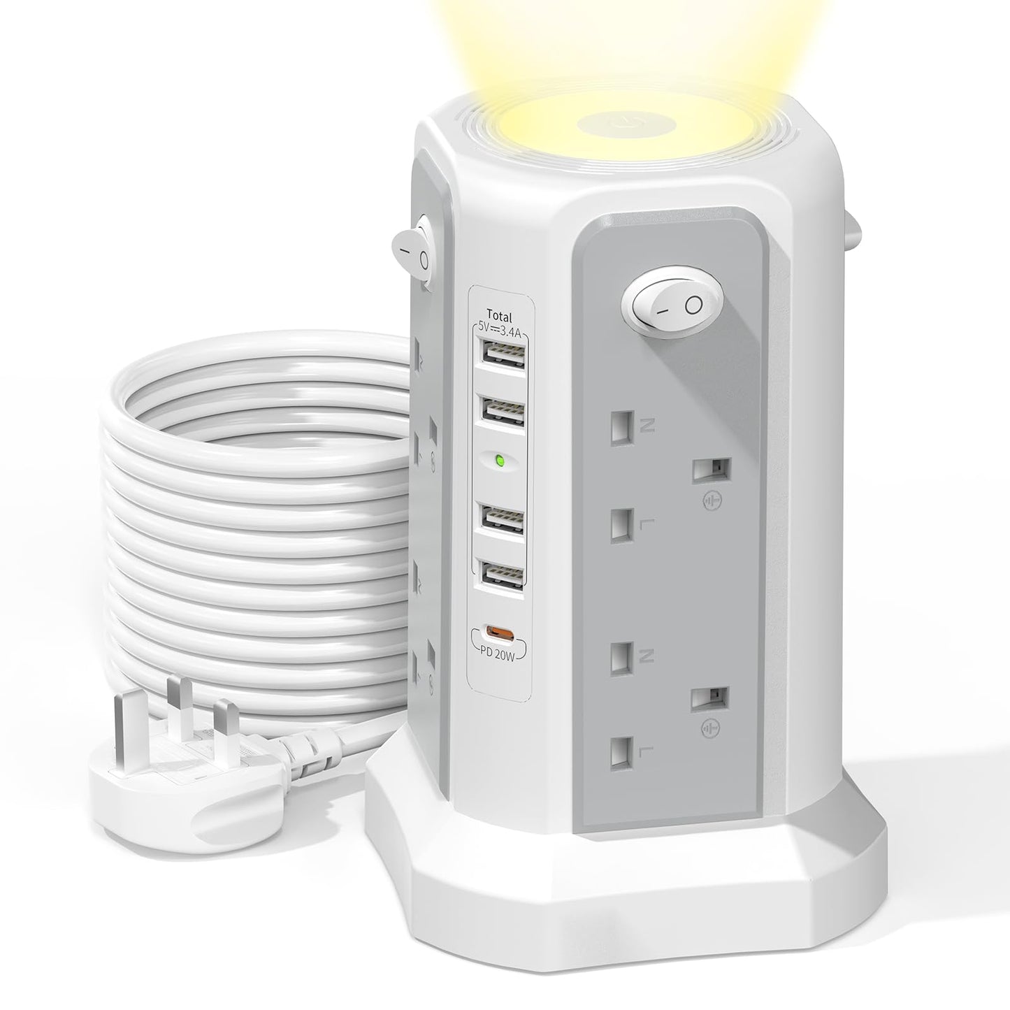 Tower Extension Lead 3M with PD20W USB C and Night Light, 8 Way Plug Extension Tower Surge Protection with 4 Independent Switch and 5 USB Slots,