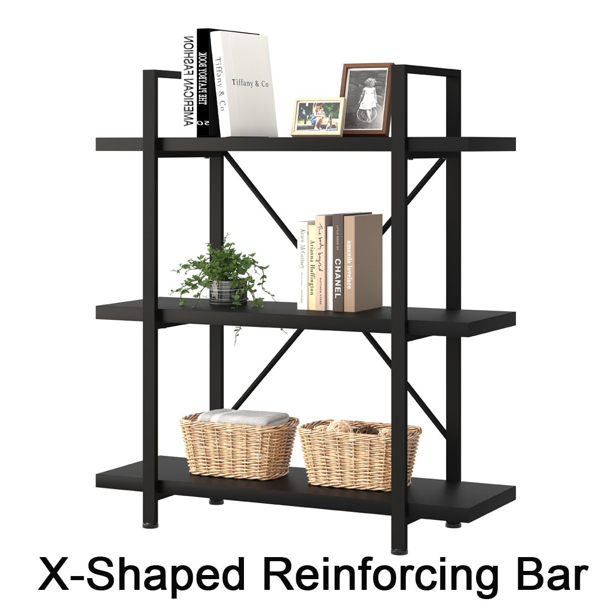 HSH 3 Tier BookShelf Farmhouse Storage Bookcases Modern Shelf Black Oak