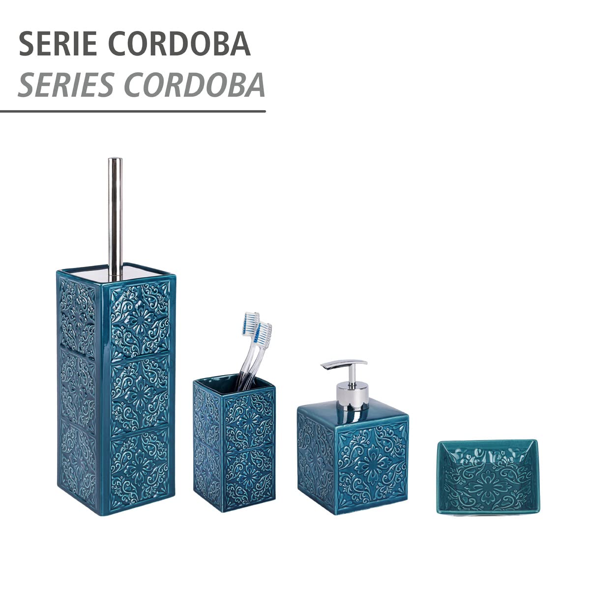 WENKO 22653100 Soap dispenser Cordoba Blue - dispenser for liquid soap Capacity: 0.5 l, Ceramic, 8.5 x 13 x 8.5 cm, Blue