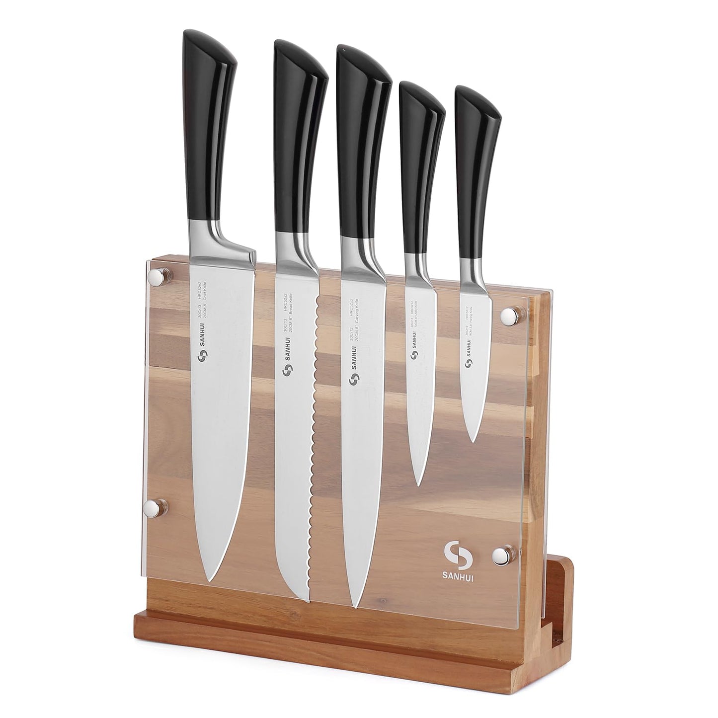 SANHUI 6-Piece Knife Block Set with 5 Kitchen Knives Stainless Steel and 1 Magnetic Knife Stand Acacia Wood Knives Holder Storage Rack