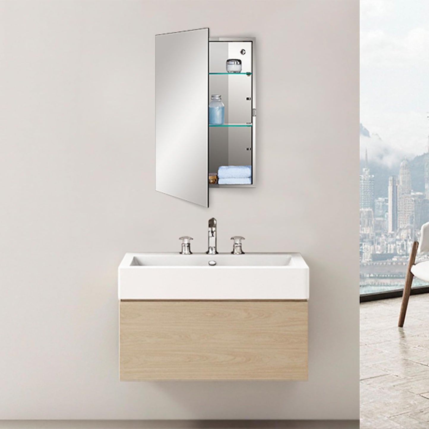 Fundin Bathroom Mirror Cabinet with Single Door, Adjustable Tempered Glass Shelves, Surface Mounted, 30cm W x 50cm H, Mirrored Finish