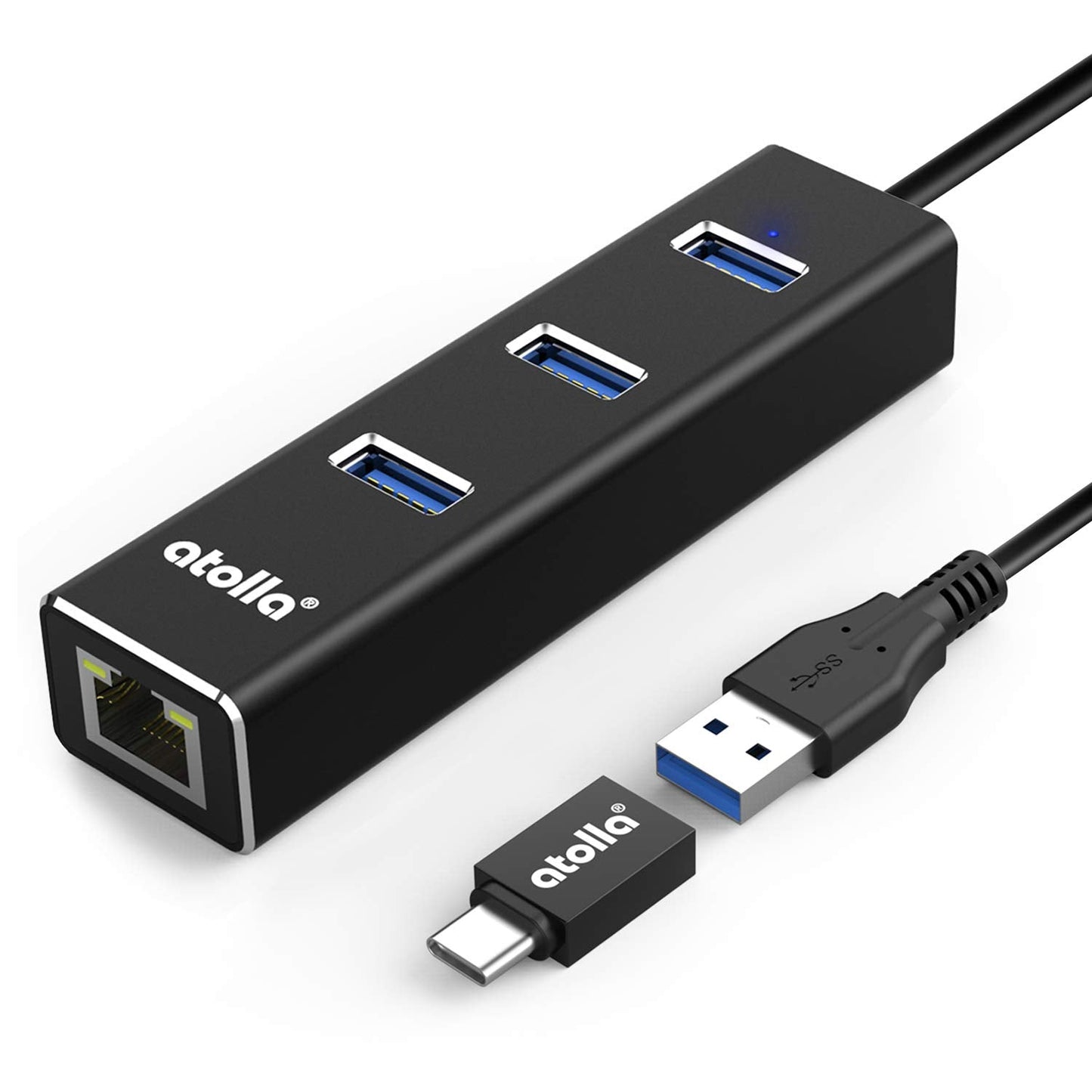 atolla USB LAN Adapter, Aluminium USB Hub with 3 USB 3.0 Ports and RJ45 Gigabit Ethernet Network Adaptor, USB Ethernet Adapter for Windows 10, 8.1, 8,