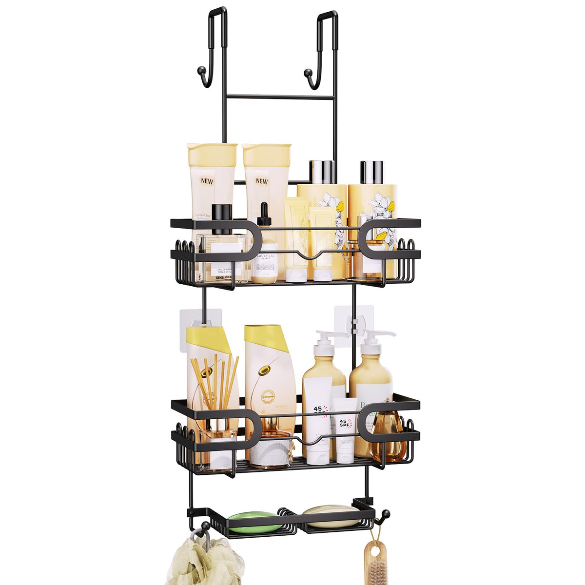 SWTYMIKI Shower Caddy Hanging - 3 Tier Over Door Shower Shelf With 16 Hooks and 2 Soap Dish, Rustproof Hanging Shower Organiser, Bathroom Storage Rack