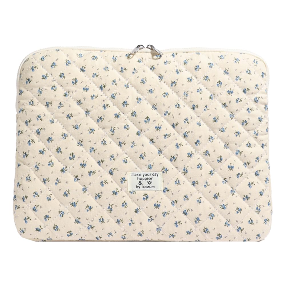 CHAMAIR Puffy Laptop Sleeve 13 Inch Cute Case Floral Quilted Notebook Cover Aesthetic Macbook Case 13'' 12'' (Blue 13in)