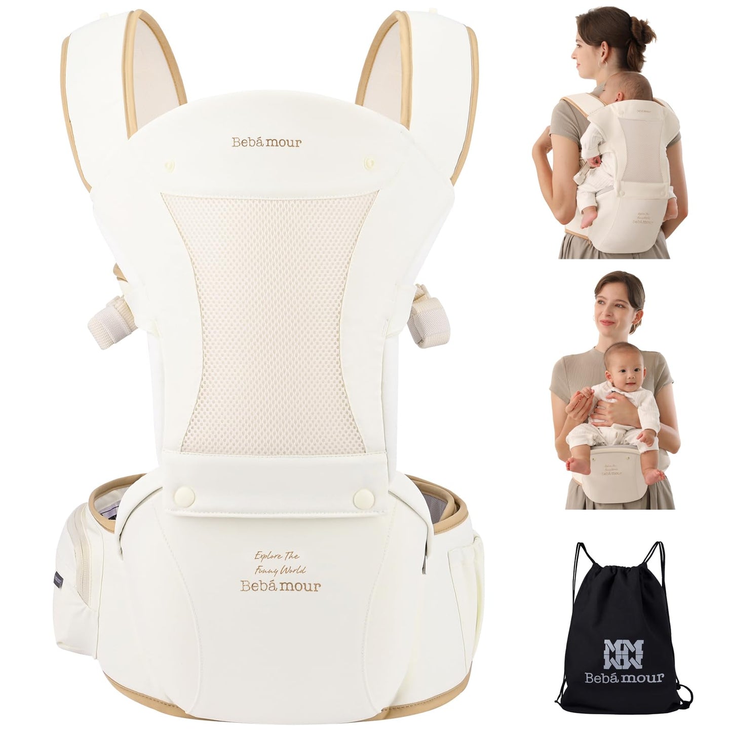 Bebamour Baby Carrier Newborn to Toddler Baby Carrier Hipseat 0-36Months with Head Hood, 3 PCS Teething Pads, Waist Extender, Beige