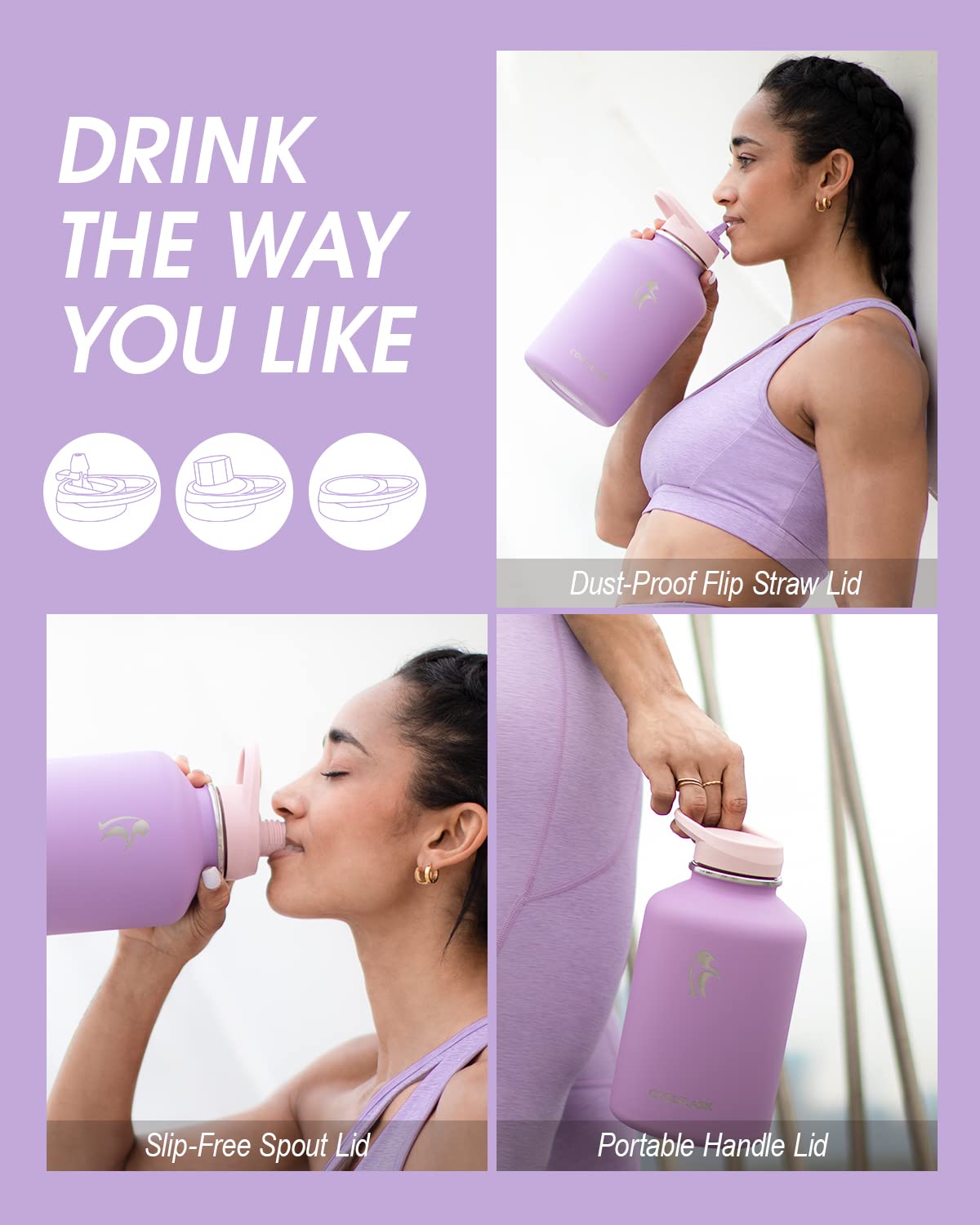 Coolflask 2L/64oz Water Bottle Insulated with PU Leather Sleeve, Stainless Steel Water Bottle Color Contrast with Straw Lids, Half Gallon Metal Water