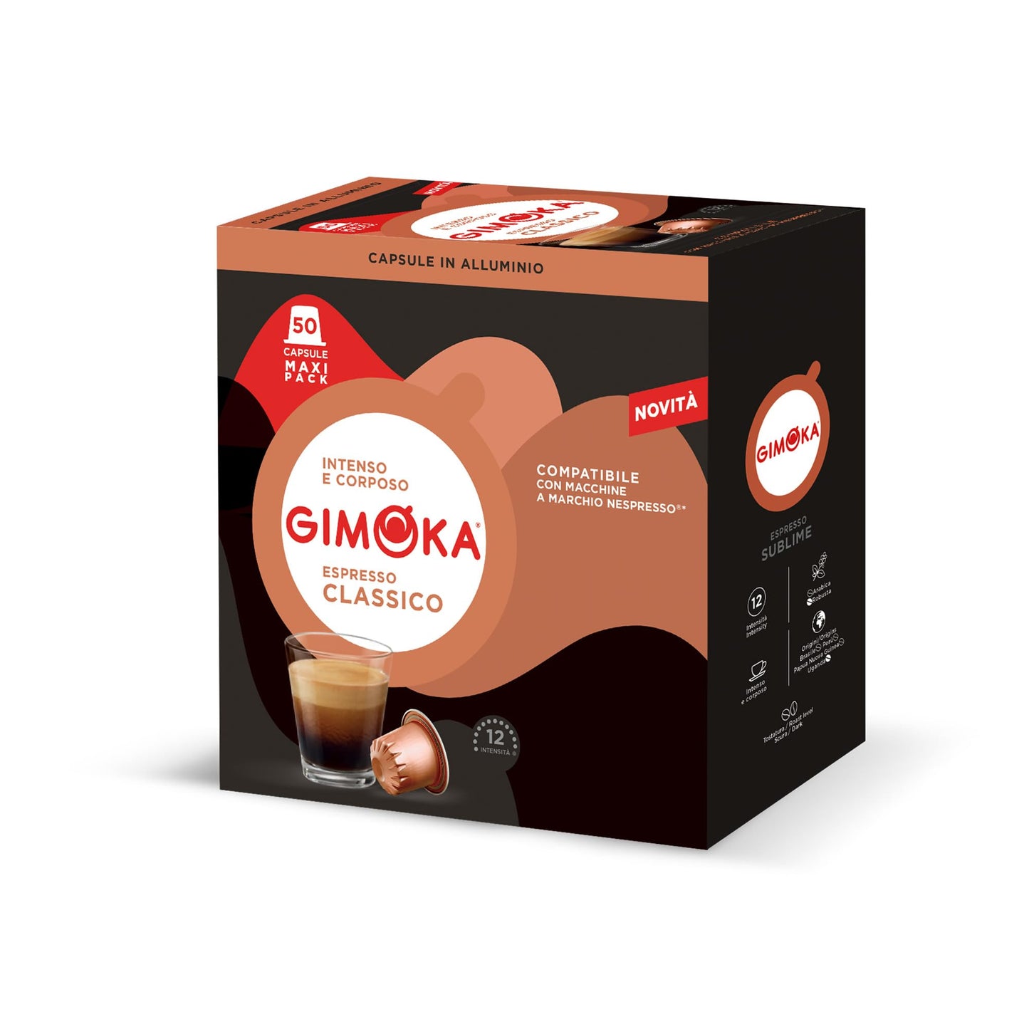 Gimoka - Espresso Classico Blend, Intensity 12/13, 50 Aluminium Capsules Compatible with Nespresso Machine, Intense notes of spices and bitter cocoa