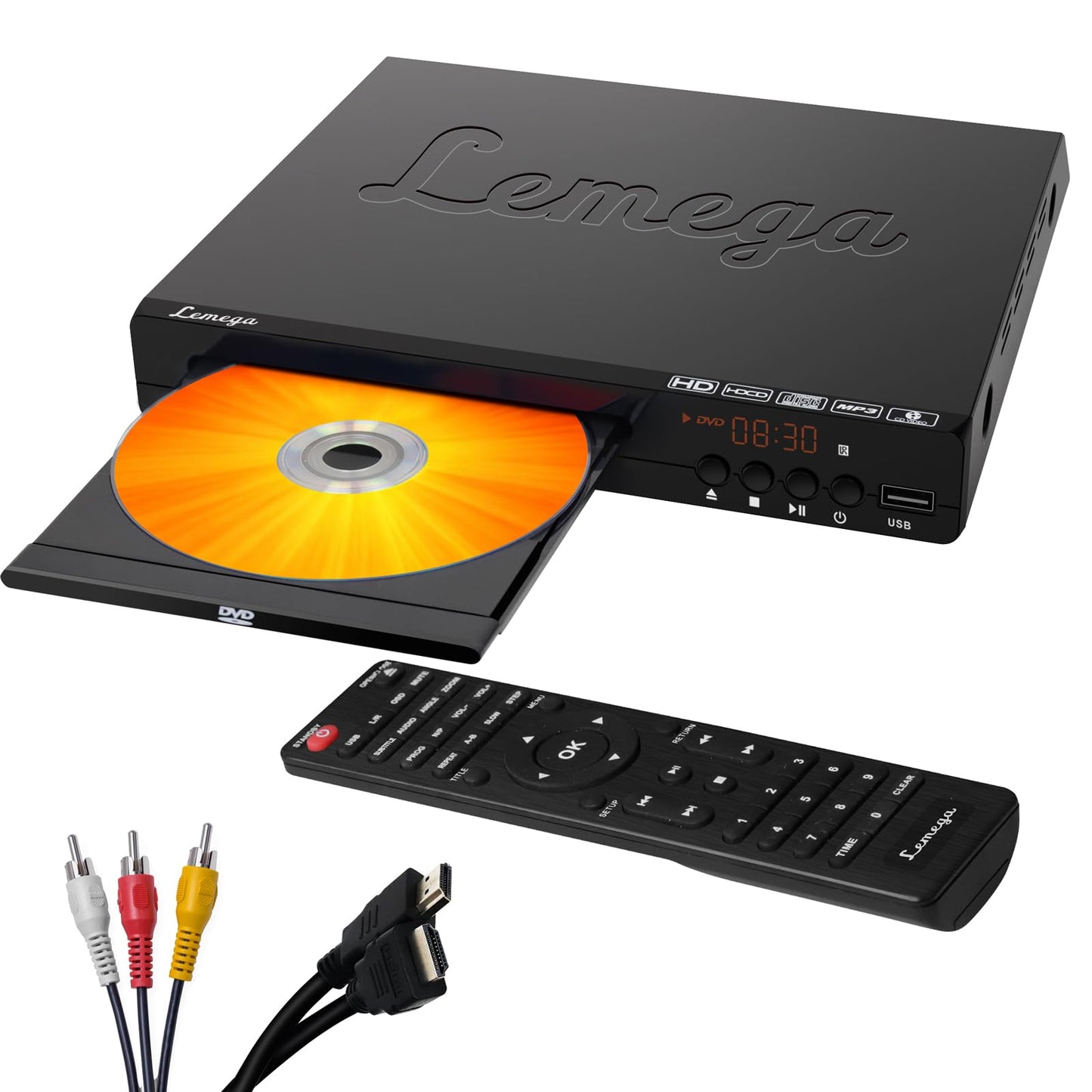 Lemega PlayHD DVD Player ? Multi-Region Region-Free Video Player with HDMI Output & 1080p Upscaling, USB/CD Playback, RCA/AUX Ports, Compact Design