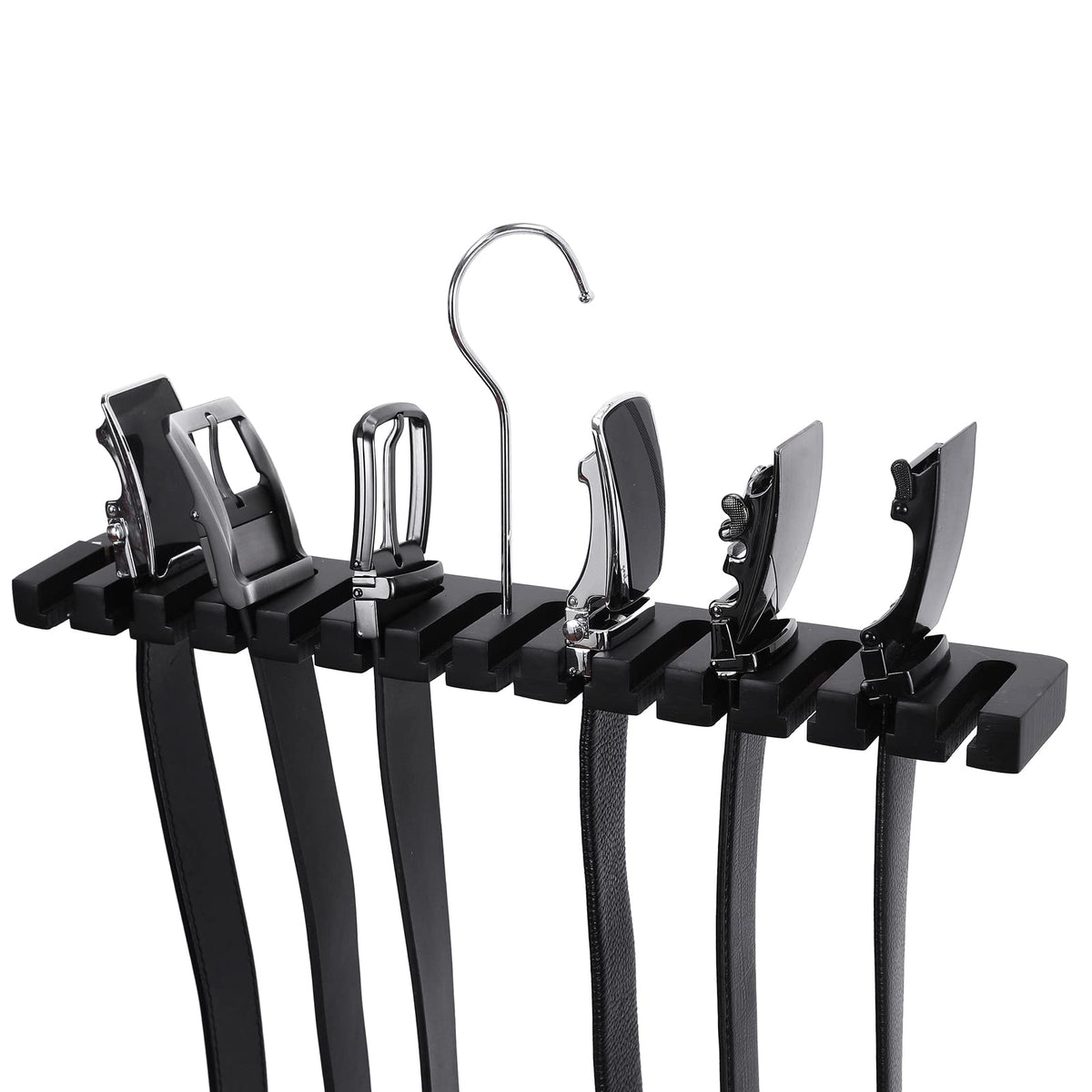 SUNTRADE 14-in-1 Wooden Wall Mount Belts & Tie Organizer with Swivel Hook, Display for Closet, Door, Wall (Black)