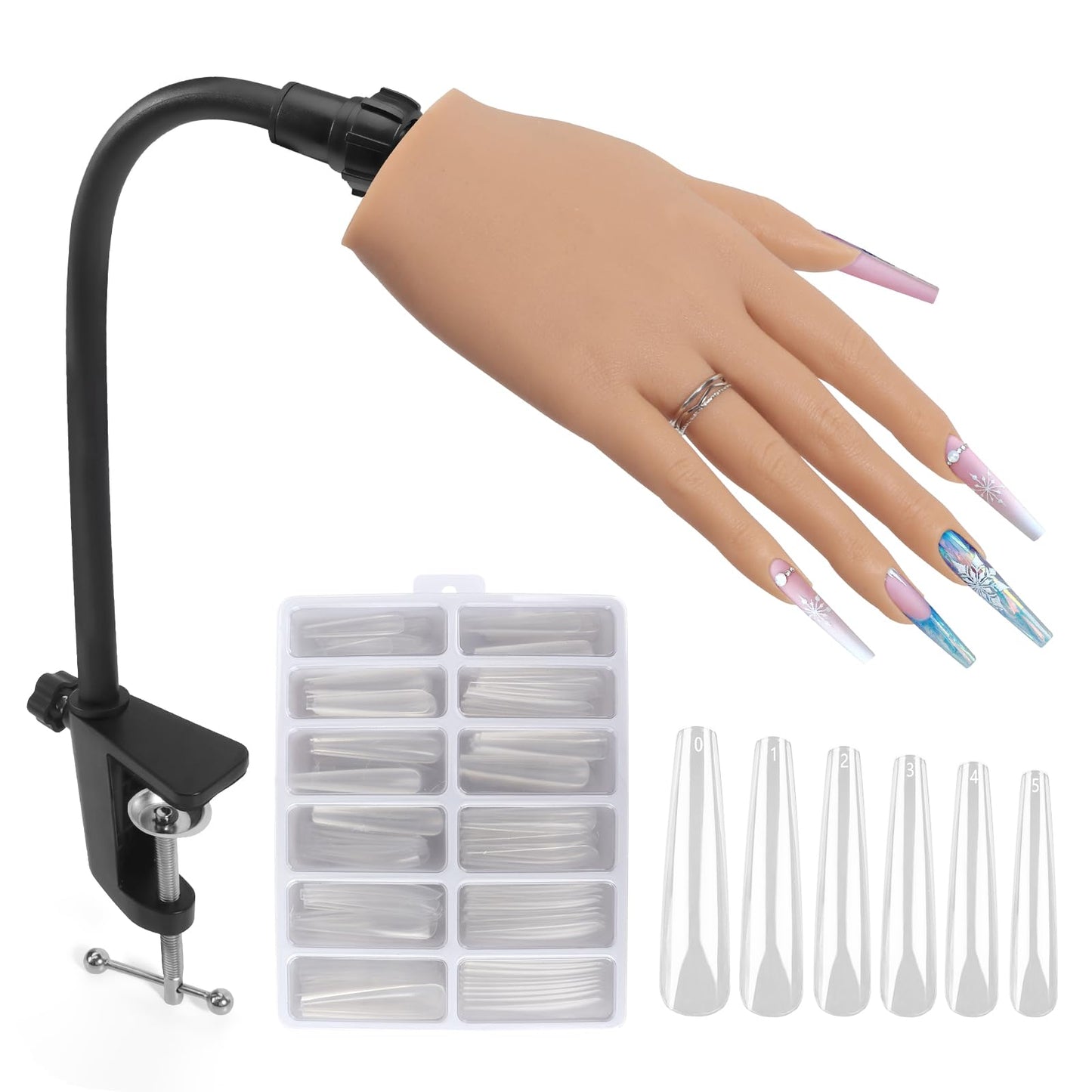 Nail Practice Hand for Acrylic Nails: Adjustable Silicone Nail Hand Practice Model with 240Pcs 3XL Clear False Nails - Flexible Training Hand Manicure