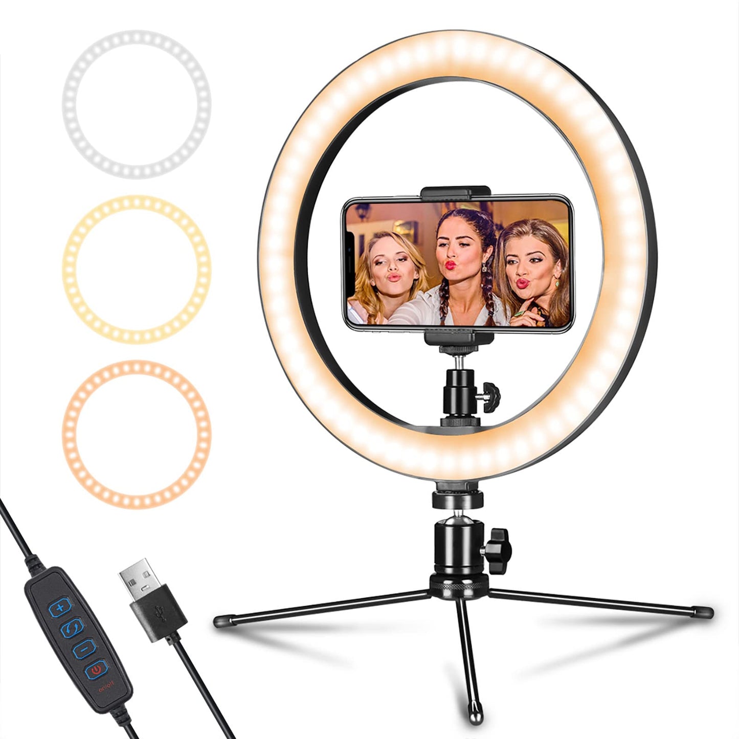 LED Dimmable Desk Makeup Ring Light 10" with Tripod Stand & Phone Holder for Live Streaming & YouTube Video,Photography, Shooting with 3 Light Modes &