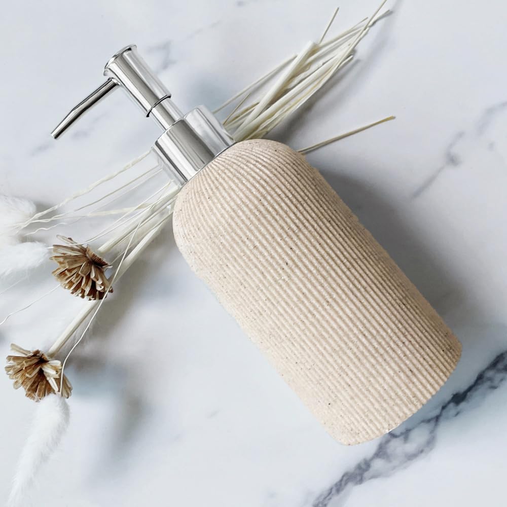 Lunestella Elegant Boho Beige Hand Soap Dispenser with Silver Pump, for Bathroom Countertop and Kitchen, Modern Farmhouse Style, Rust Proof, 7oz