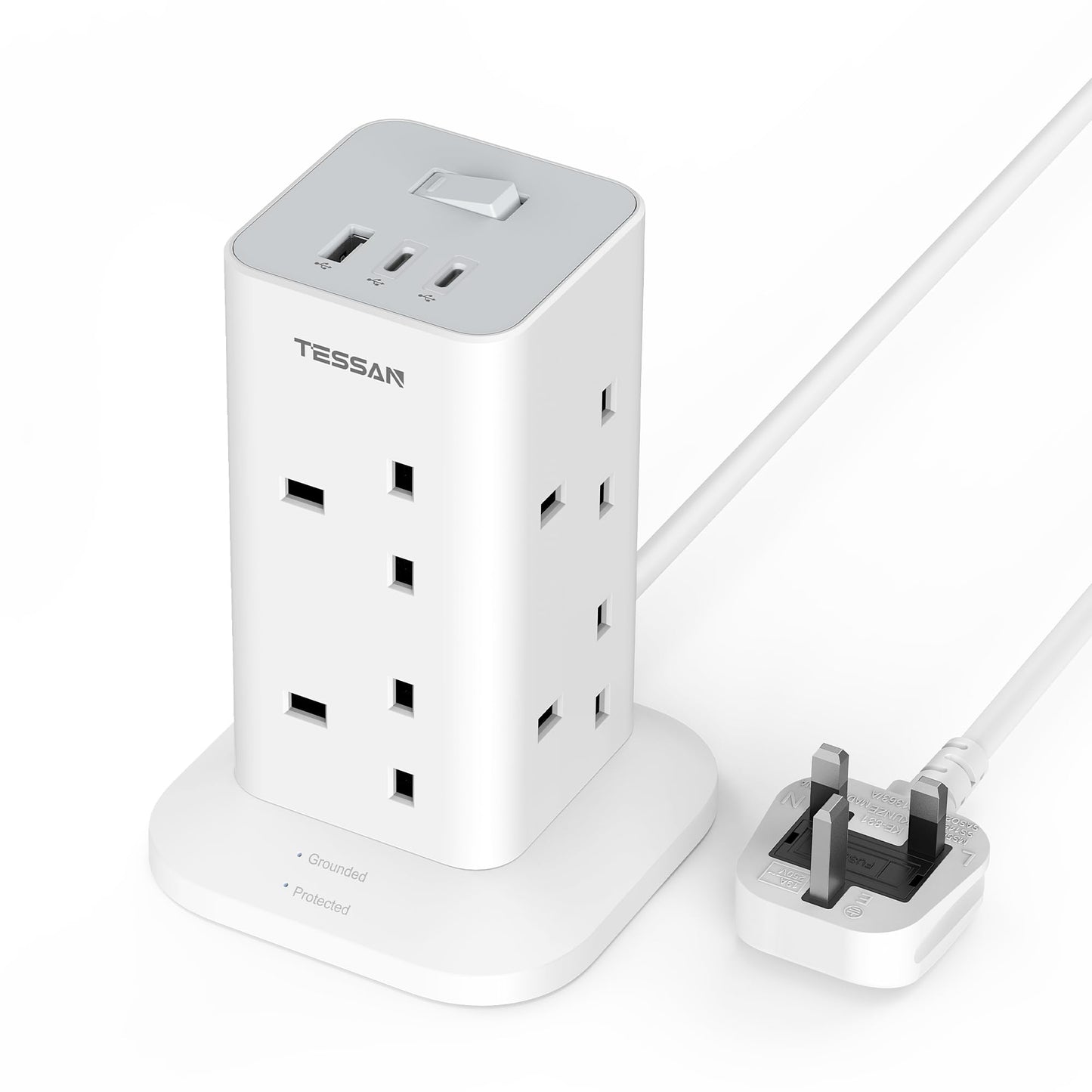 Tower Extension Lead with 2 USB C Slots, TESSAN 8 Way Multi Plug Extender Sockets 2M Cord, Surge Protected Power Strip with Switch for Home, Drom