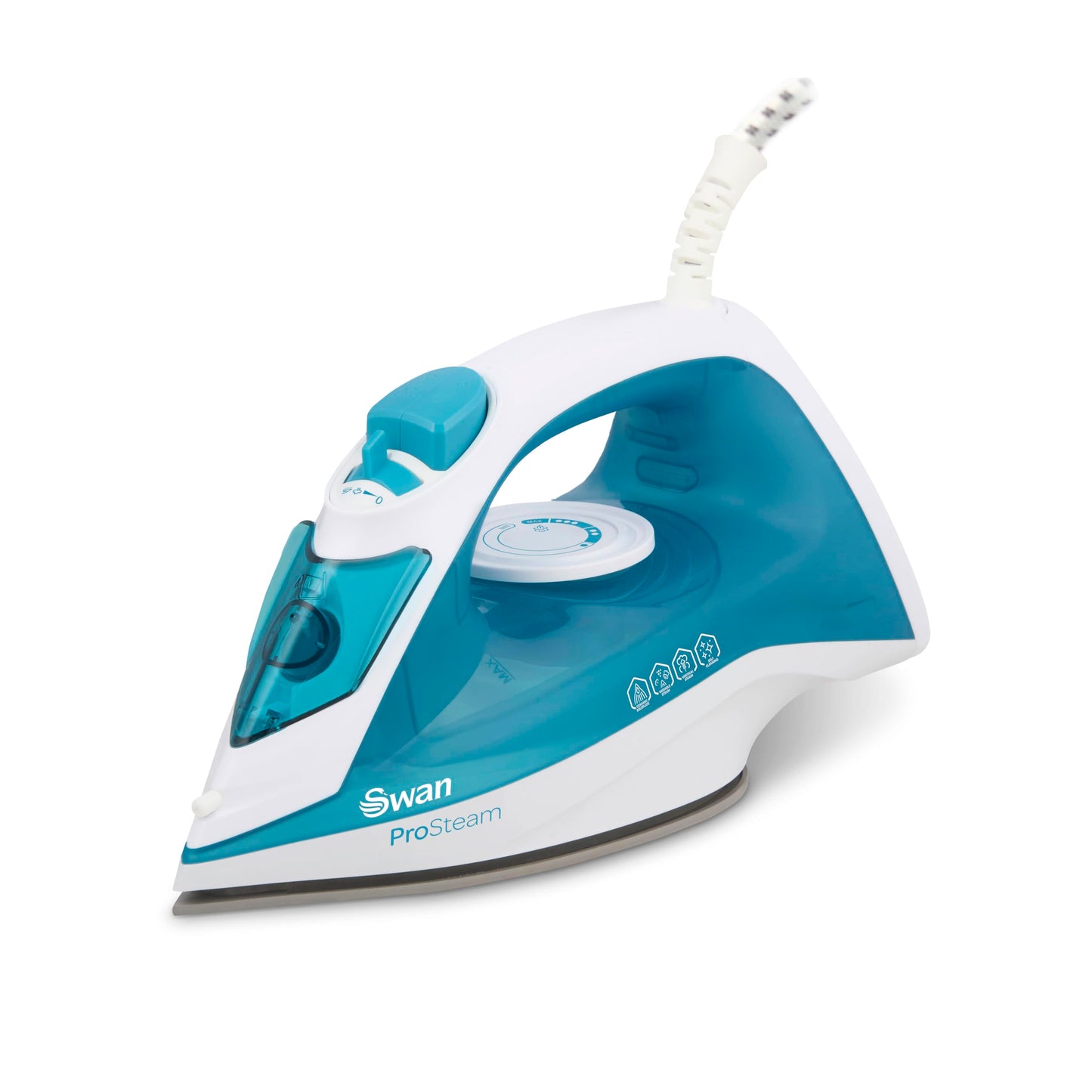 Swan SI12052AQ Steam Iron with Ceramic Soleplate, Pro Steam Technology, Anti-Calc, Anti-Drip, Adjustable Temperature Dial, 2200W, White and Aqua