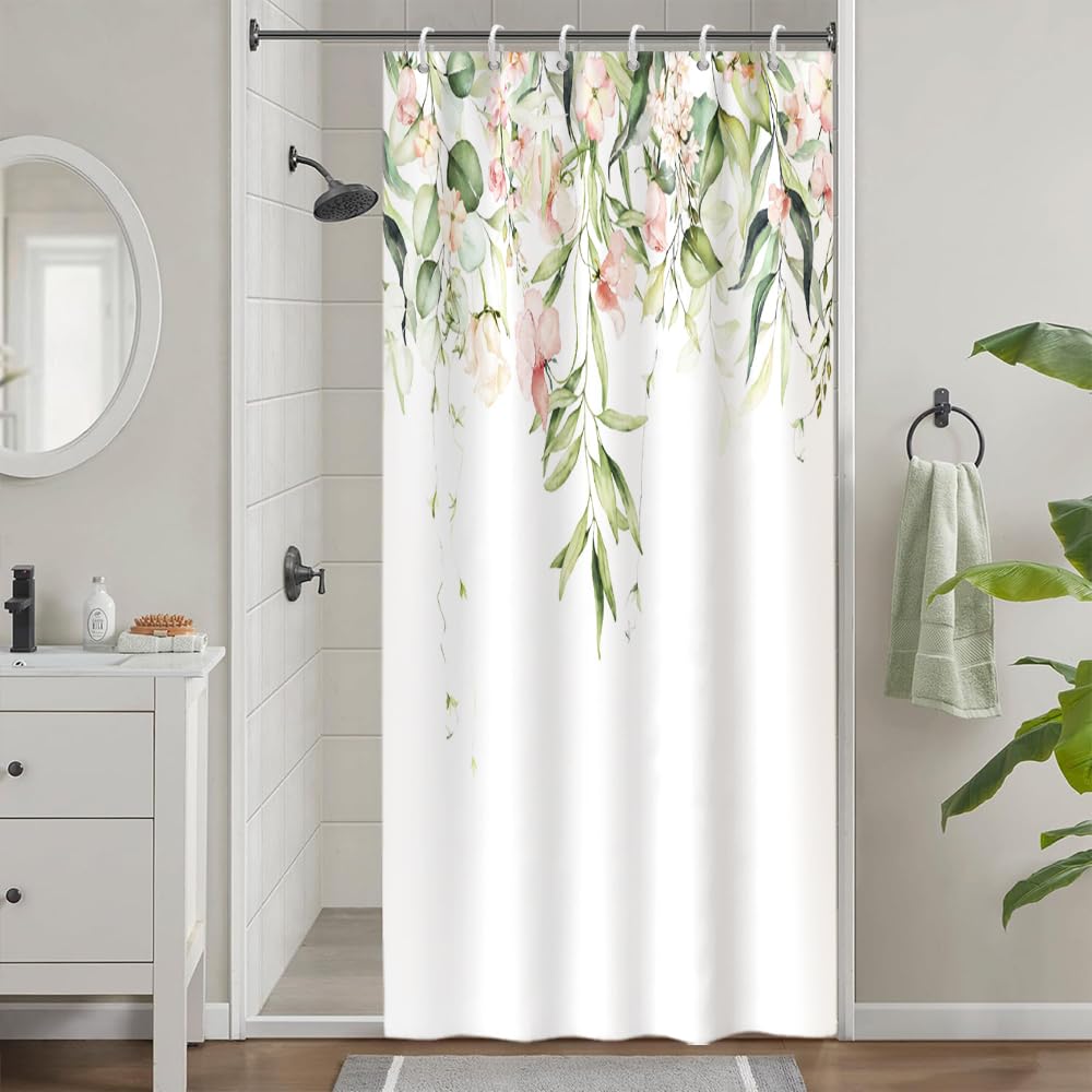 Green Eucalyptus Stall Shower Curtain, Uiiooazy Pink Floral Flower Leaves Plant Bath Curtain Mildew and Mould Resistant Waterproof Polyester Fabric