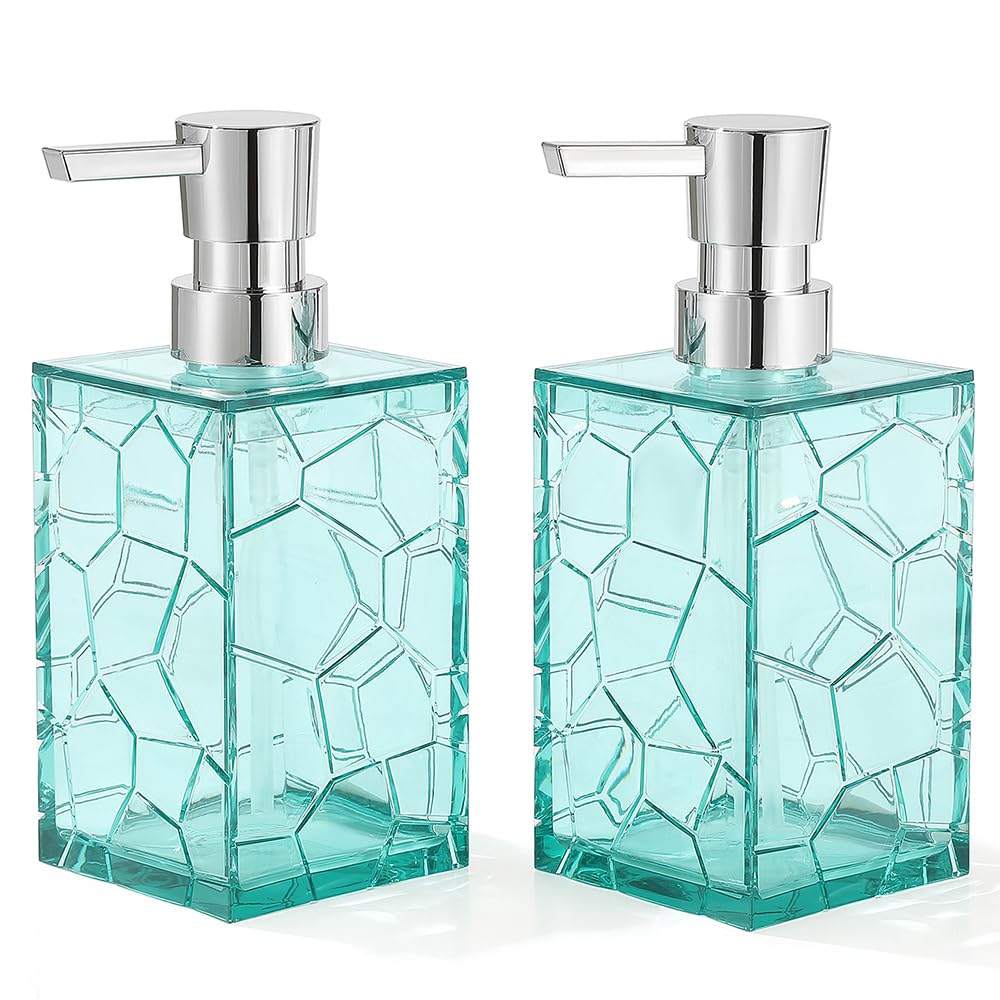 YAUKPH 2 Pack Clear Teal Blue Rust Proof Soap Dispenser, Acrylic Plastic Hand Soap Lotion Dispenser Set for Bathroom&Kitchen