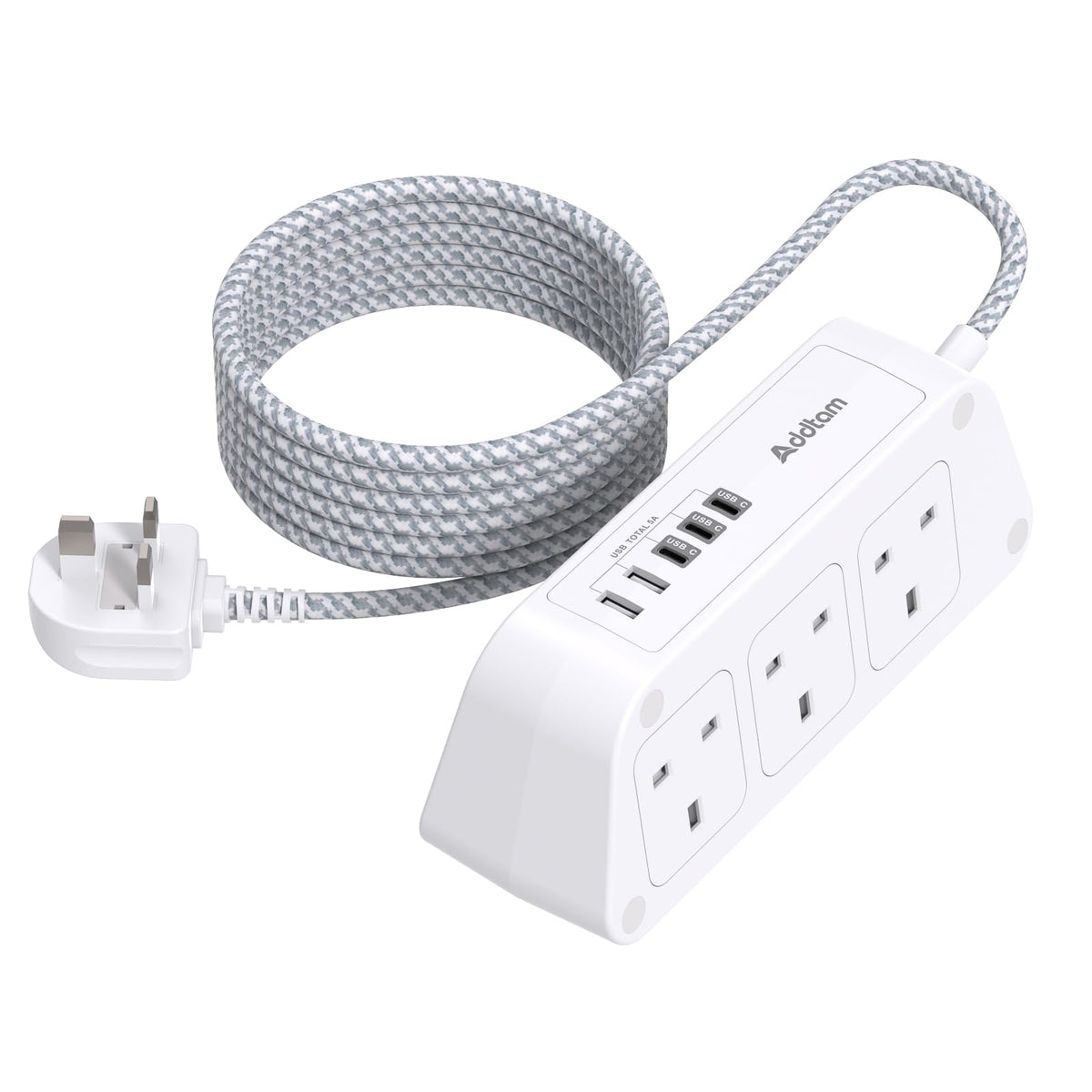 Extension Lead with USB Slots?6 Way Outlets 5 USB(5A, 1 USB- C and 4 USB-A Port) with 1.6M Braided Extension cord, 3250W Overload Protection?Security