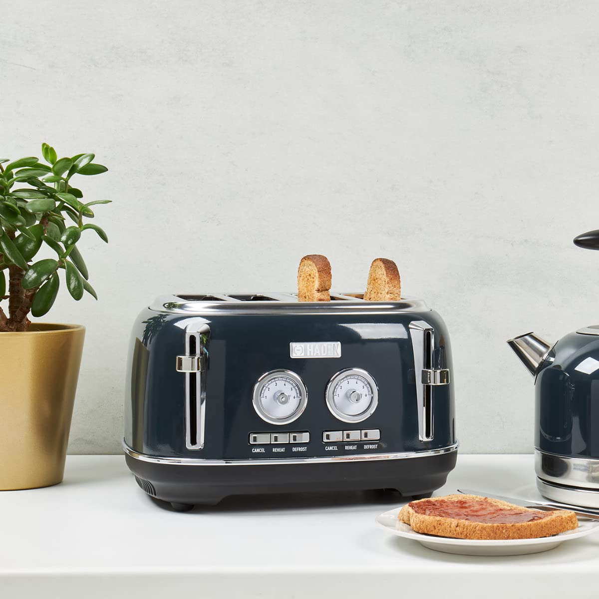Haden Jersey Steel Blue Toaster 4 Slice Dual Control With Adjustable Browning Controls - Self Centring Function - Reheat And Defrost Functions