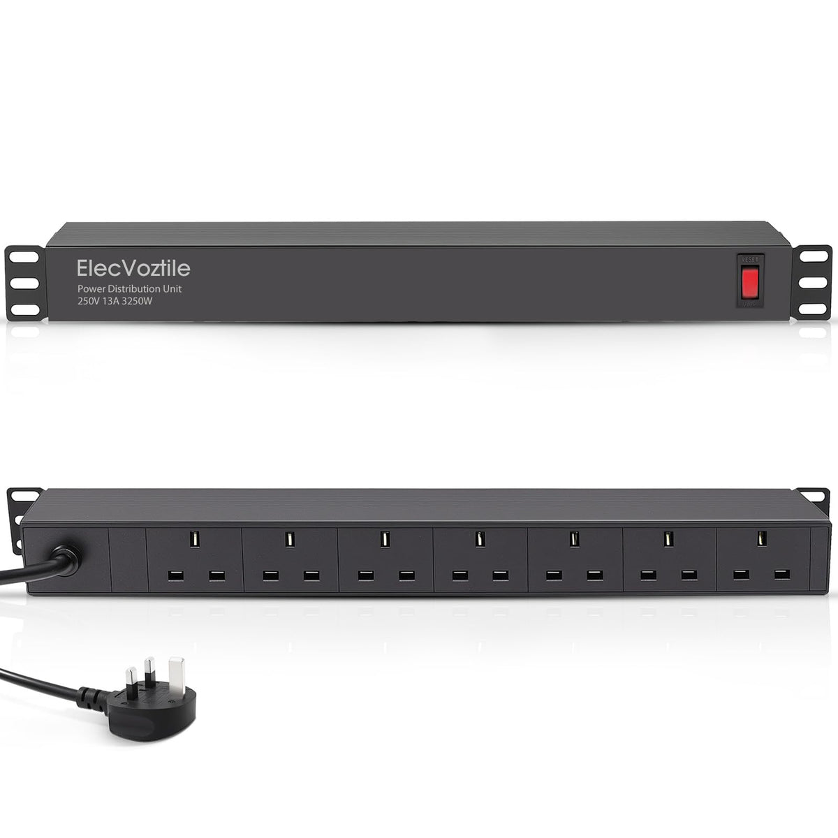 ElecVoztile 7 Way Horizontal Rack Mount PDU Power Strip, 13A Overload Switch &1020J Surge Protection, Rear Plug, 1U Rackmount, Fits 19'' Server