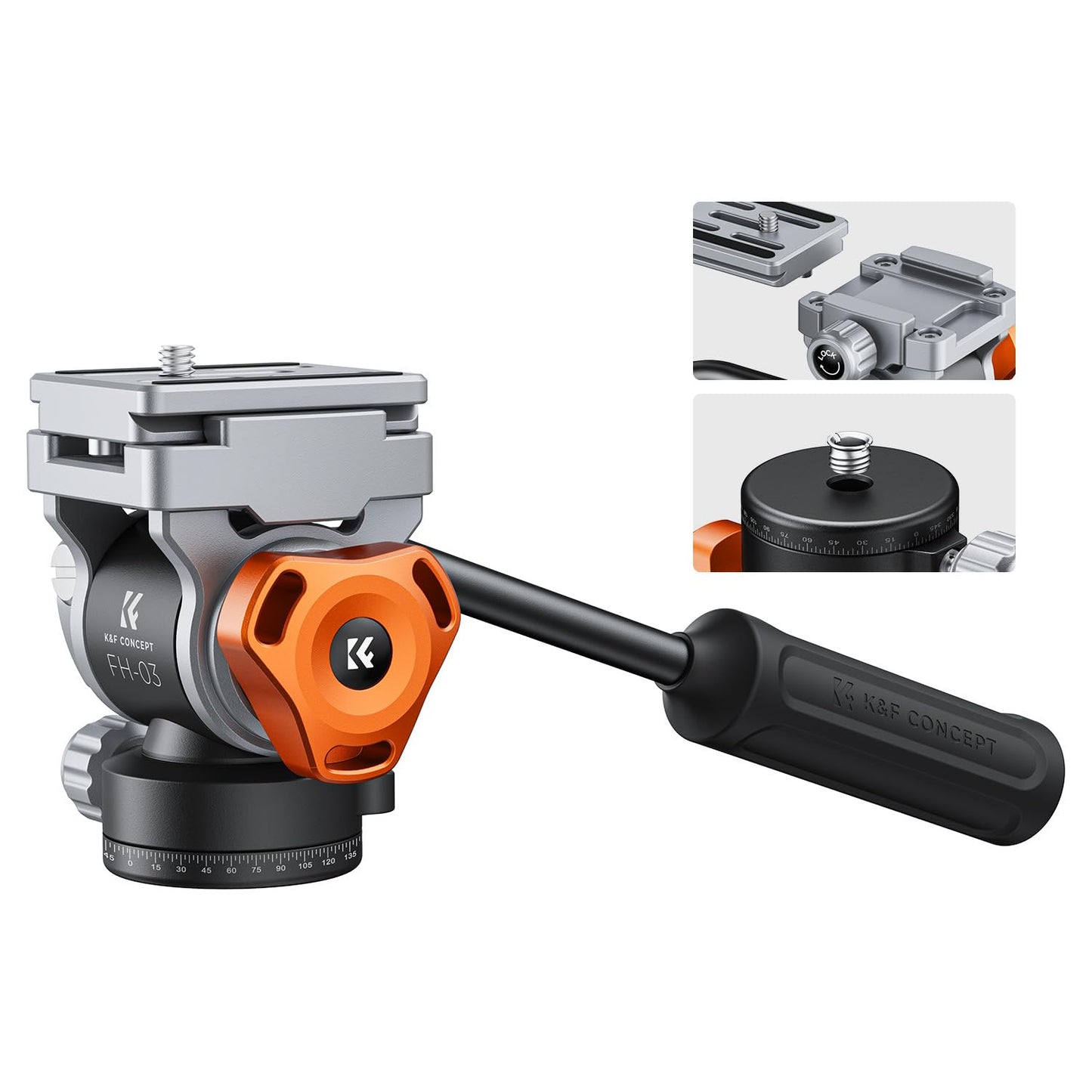 K&F CONCEPT Tripod Fluid Head with Flexible 360? Pan & +90?/-90? Tilt, Arca Swiss Metal QR-Plate with 1/4" Screw, Bottom 1/4"+3/8" Thread Hole, Load
