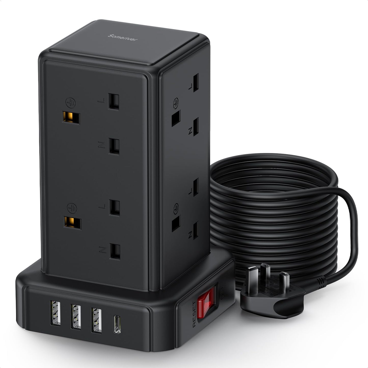 Tower Extension lead 5M, 13A Surge Protection Extension lead with Switch, 8 AC Outlets & 4 USB Ports Plug Extension Socket, Extension Cable 5M Mini