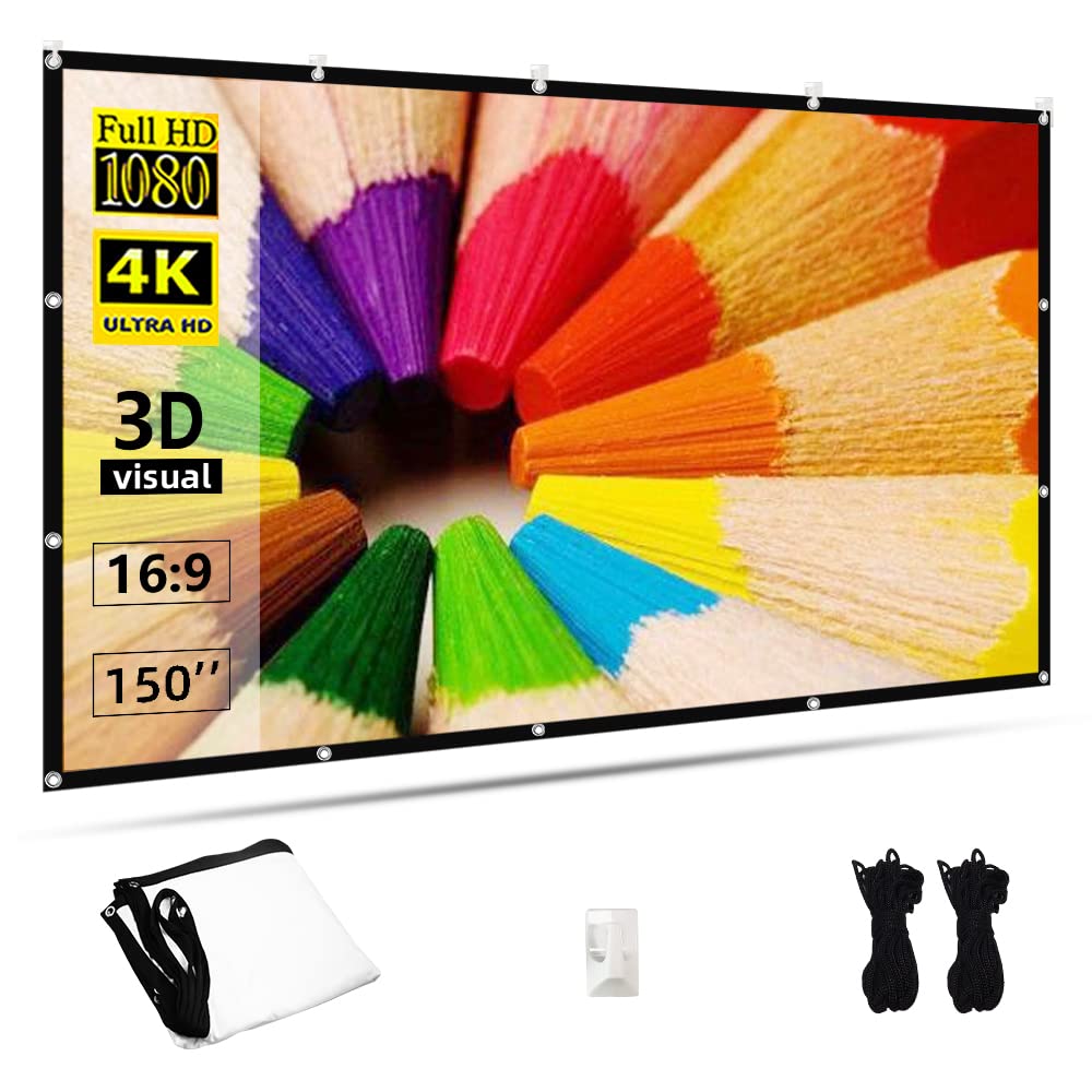 Projector Screen 150 inch,TOWOND 16:9 HD 4K Foldable Anti-Crease Portable Projection Movies Screen for Home Backyard Theater Outdoor Indoor Support