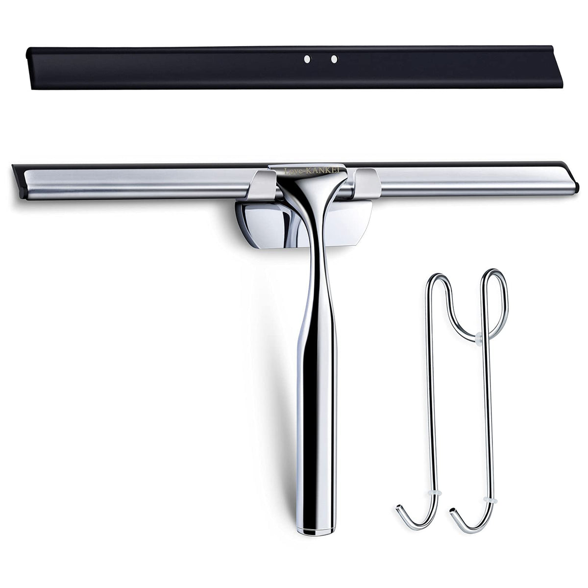 Love-KANKEI Shower Squeegee Stainless Steel Shower Wiper Shower Scraper with Replacement Rubber Blade and Hanging Hooks for Bathroom, Window, Car